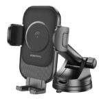 Juodas įkroviklis-laikiklis automobilinis belaidis Borofone BH203 15W su laikikliu ir siurbtuku