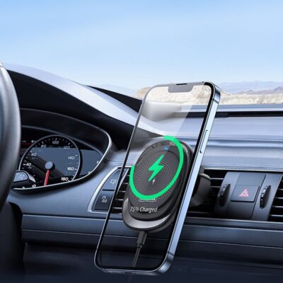 Juodas įkroviklis-laikiklis magnetinis automobilinis DUZZONA V1 MagSafe 15W su tvirtinimu automobilio viduje