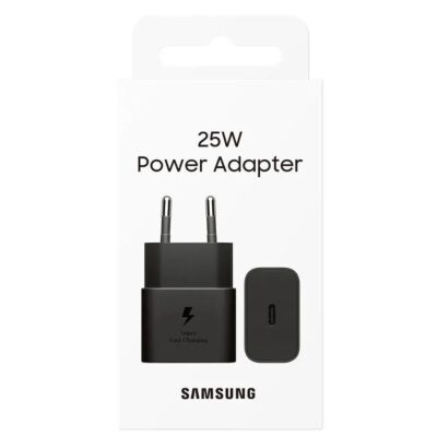Juodas įkroviklis Samsung EP-T2510NBEGWW 25W su USB-C jungtimi ir dviem metalinėmis kištukų dalimis