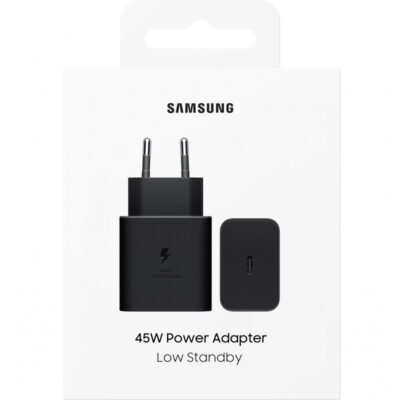 Juodas įkroviklis Samsung EP-T4511NBEGEU 45W USB-C su greito krovimo simboliu