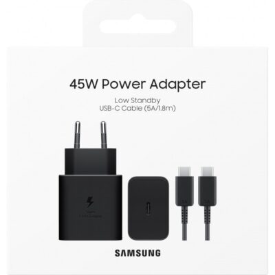 Juodas įkroviklis Samsung EP-T4511XBEGEU 45W su USB-C į USB-C kabeliu pakuotėje balto fono
