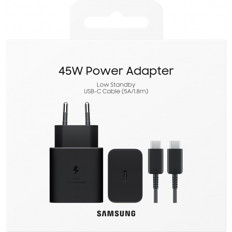 Juodas įkroviklis Samsung EP-T4511XBEGEU 45W Juodas įkroviklis Samsung EP-T4511XBEGEU 45W su USB-C į USB-C kabeliu pakuotėje balto fono