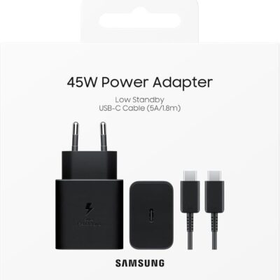 Juodas įkroviklis Samsung EP-T4511XBEGWW 45W su USB-C į USB-C laidu 1.8 metro ilgio