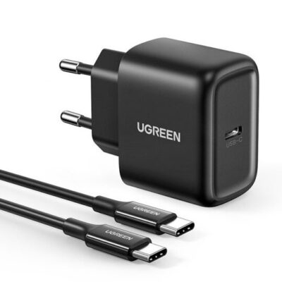 Juodas įkroviklis Ugreen CD250 USB-C 25W su juodu USB-C kabeliu 2 metrai