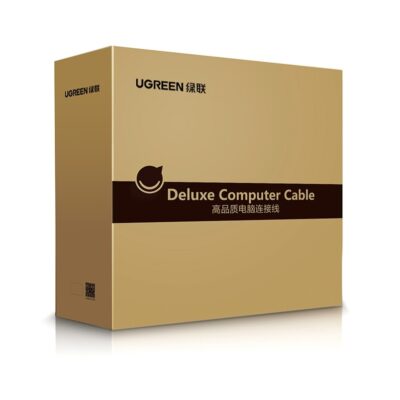 Juodas Kabelis Ugreen DP114 DisplayPort 1.4 to DisplayPort 1.4 1.0m pakuotės dėžutė ruda su užrašu Deluxe Computer Cable
