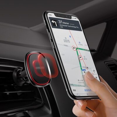Juodas magnetinis automobilinis telefono laikiklis Joyroom JR-ZS205 tvirtinamas prie automobilio jungties