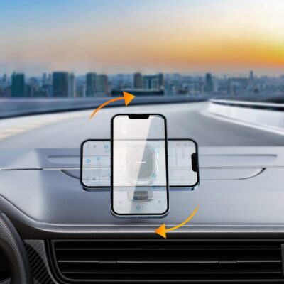 Juodas magnetinis automobilinis telefono laikiklis Joyroom JR-ZS311 ant automobilio prietaisų skydelio su telefonu