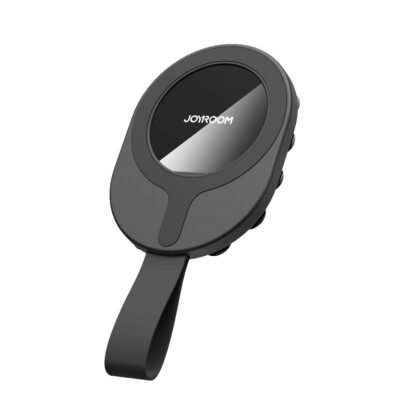 Juodas magnetinis telefono laikiklis su siurbtukais Joyroom JR-ZS393-S su apvaliu magnetu ir dirželiu.