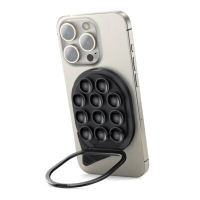 Juodas magnetinis telefono laikiklis su siurbtukais Joyroom JR-ZS418 pritvirtintas prie telefono