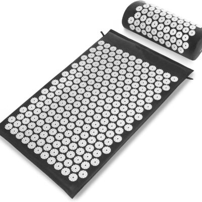 Juodas masažinis akupresūros kilimėlis su pagalvėle su baltomis adatėlėmis