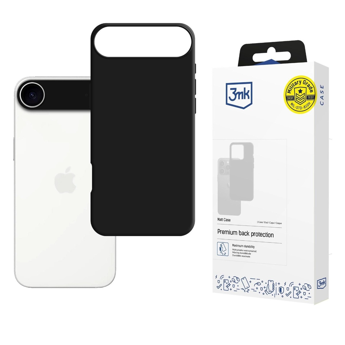 Juodas matinis dėklas Apple iPhone 17 Air 3MK Matt Juodas matinis dėklas Apple iPhone 17 Air 3MK Matt su pakuote baltame fone