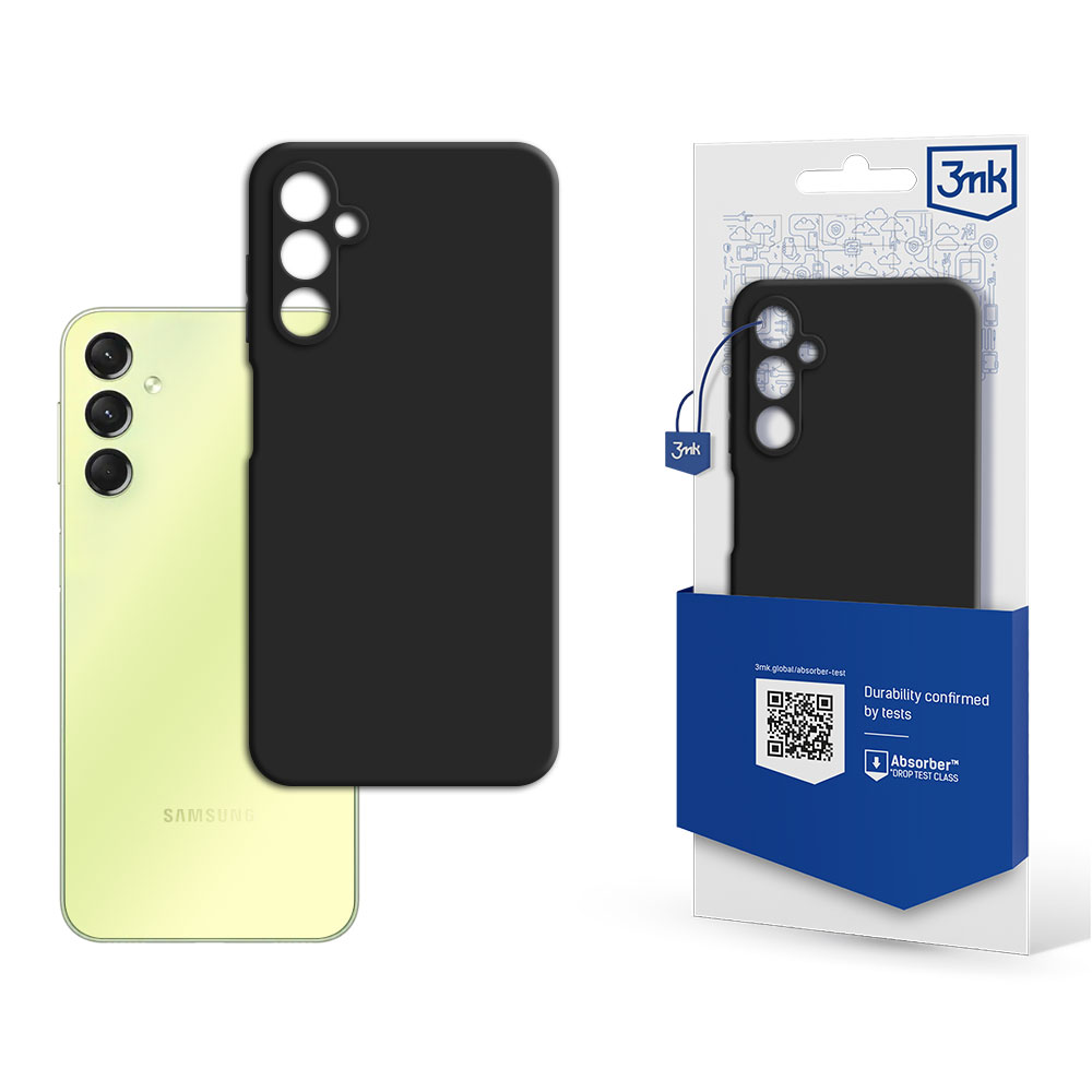 Juodas matinis dėklas Samsung Galaxy A256 A25 5G 3MK matt case Juodas matinis dėklas Samsung Galaxy A256 A25 5G 3MK matt case ant geltono telefono ir pakuotėje