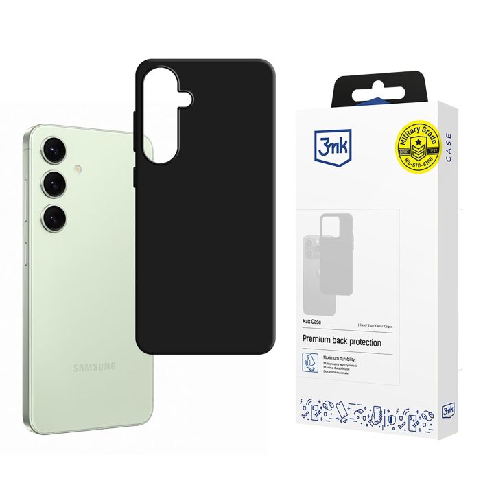 Juodas matinis dėklas Samsung S721 S24 FE 3MK Matt Juodas matinis dėklas Samsung S721 S24 FE 3MK Matt kartu su žaliu Samsung telefonu ir dėžute