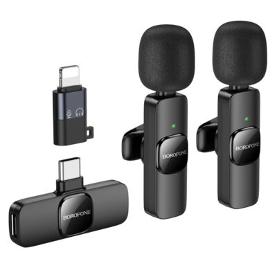 Juodas mikrofonas Borofone BFK15 Lightning USB-C su dviem mikrofonais ir adapteriais