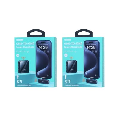 Juodas mikrofonas Remax K11 USB-C dėžutėje su telefonu ir pakuotės dizainas