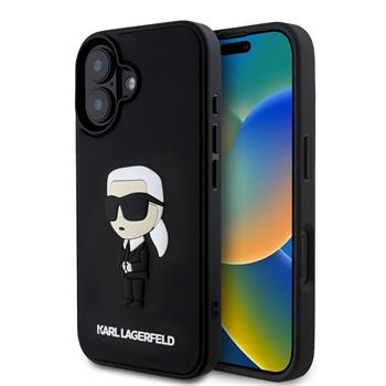 Juodas originalus dėklas Karl Lagerfeld 3D Rubber Ikonik telefonui Apple iPhone 16 su iškiliu animuotu dizainu