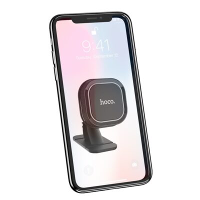 Juodas-pilkas automobilinis Universalus telefono laikiklis Hoco CA53 pritvirtintas prie juodo telefono ekrano