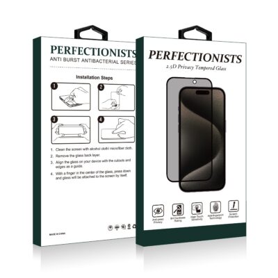 Juodas privatumo apsauginis stiklas Apple iPhone 16 Plus su 2.5D Privacy Perfectionists pakuote