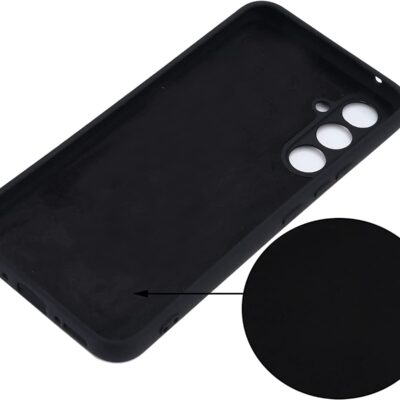 Juodas silikoninis dėklas Samsung Galaxy A346 A34 5G liquid silicone 1.5mm, matomas iš viršaus su trimis kamerų angomis