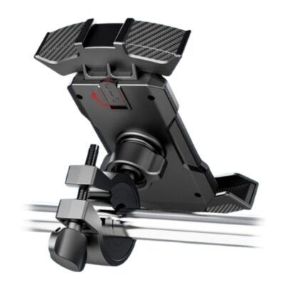 Juodas telefono laikiklis dviračiui Awei X47 su tvirtinimo spaustuku ant dviračio vairo