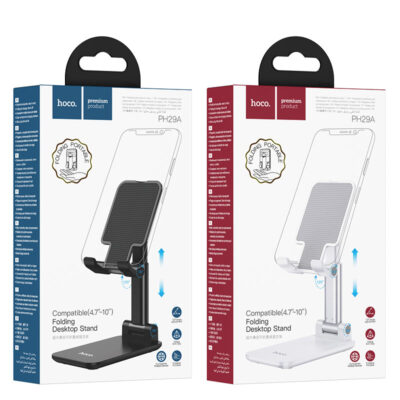 Juodas telefono laikiklis Hoco PH29A dėžutėje, matomas telefono laikiklio piešinys ir priedų ženklai