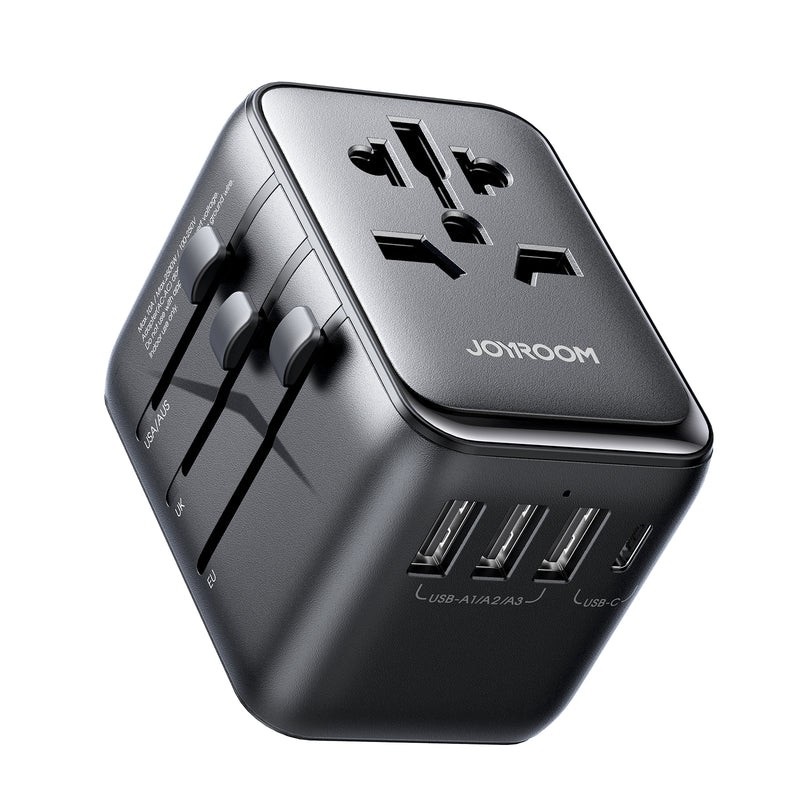 Juodas universalus kelioninis įkroviklis Joyroom JR-TCW01 15W 3xUSB-A USB-C Juodas universalus kelioninis įkroviklis Joyroom JR-TCW01 su trimis USB-A ir vienu USB-C lizdais