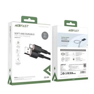 Juodas USB kabelis Acefast C2-04 USB-A to USB-C 1.2m su silikoniniu ilgaamžiu dėklu