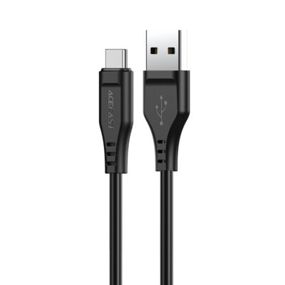 Juodas USB kabelis Acefast C3-04 USB-A to USB-C jungtys su išskirtiniu logotipu ant USB-C galo ir USB simboliu ant USB-A galo