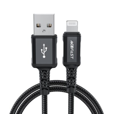 Juodas USB kabelis Acefast C4-02 MFi USB-A to Lightning 1.8m su austa medžiaga ir ryškiu USB simboliu