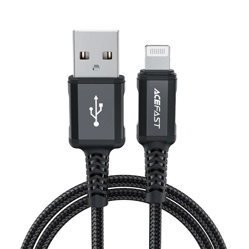 Juodas USB kabelis Acefast C4-02 MFi USB-A to Lightning 1.8m Juodas USB kabelis Acefast C4-02 MFi USB-A to Lightning 1.8m su austa medžiaga ir ryškiu USB simboliu