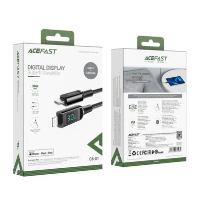 Juodas USB kabelis Acefast C6-01 MFi PD30W USB-C to Lightning su skaitmeniniu ekranu ir 1.2 metro ilgiu