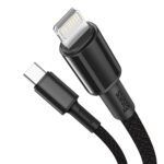 Juodas USB kabelis Baseus High Density Braided Fast Data PD 20W Type-C į Lightning jungtims su pynimo apdaila