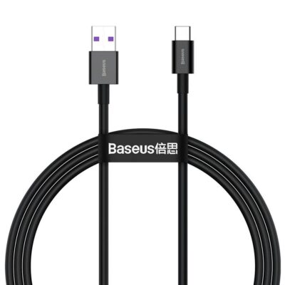 Juodas USB kabelis Baseus Superior iš USB į Type-C su matomu USB ir Type-C jungtimis