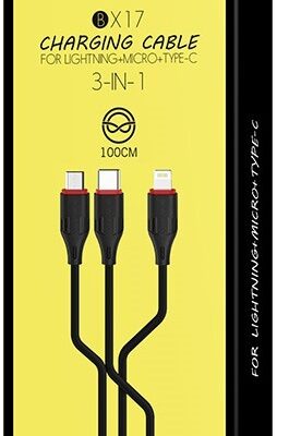 Juodas USB kabelis Borofone BX17 3in1 microUSB-Lightning-Type-C 1.0m pakuotėje su trim jungtimis
