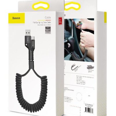 Juodas USB kabelis Fish Eye Spring Type-C 2.0A su spiraline pavasario forma ir Type-C jungtimi