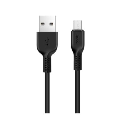 Juodas USB kabelis Hoco X20 USB-A to MicroUSB 2.0m su aiškiai matomu USB-A ir MicroUSB jungtimis