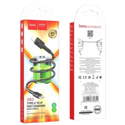 Juodas USB kabelis Hoco X83 PD20W Type-C to Lightning 1.0m pakuotėje su elektromagnetu ir ryškiais gradientiniais fonais