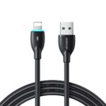 Juodas USB kabelis Joyroom S-A30 USB to Lightning 3A 1.0m su matomu jungčių dizainu ir apšvietimu