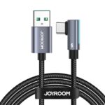Juodas USB kabelis Joyroom S-AC027A17 su USB ir USB-C jungtimis, perrištas juodu lipduku