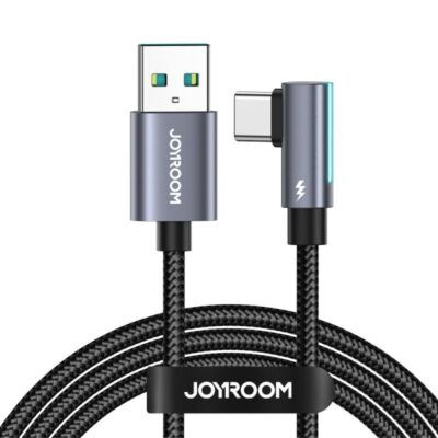 Juodas USB kabelis Joyroom S-AC027A17 su USB ir USB-C jungtimis, perrištas juodu lipduku