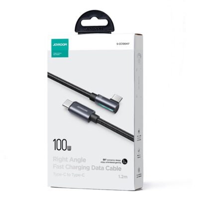 Juodas USB kabelis Joyroom S-CC100A17 USB-C to USB-C 100W 1.2m baltame fone su dešinios kampo jungtimis