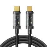 Juodas USB kabelis Joyroom S-CL020A12 USB-C į Lightning jungtį su permatomais korpusais ir audiniu įveliotu laidu 1.2 m ilgio.