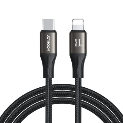 Juodas USB kabelis Joyroom SA25-CL3 USB-C į Lightning, 30W, 2 metrai, pynimo apvalkalu