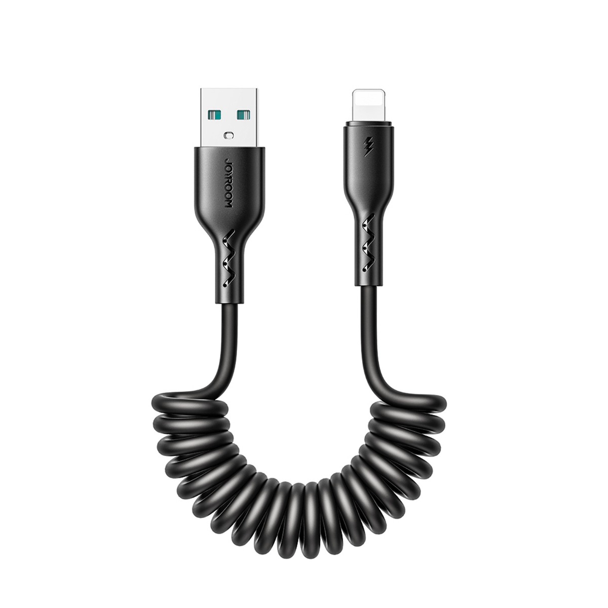 Juodas USB kabelis Joyroom SA38-AL3 Juodas spiralinio tipo USB kabelis Joyroom SA38-AL3 su USB ir Lightning jungtimis