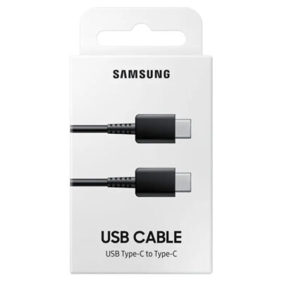 Juodas USB kabelis originalus Samsung EP-DA705 Type-C-Type-C 1.0m baltame pakuotėje su matomais jungtimis