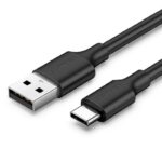 Juodas USB kabelis Ugreen US287 USB to USB-C 3A su aiškiai matomais USB ir USB-C jungtimis
