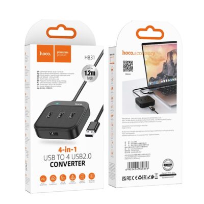 Juodas USB šakotuvas Hoco HB31 Easy 4-in-1 converter USB to 4xUSB2.0 su 1,2 m laidu pakuotėje