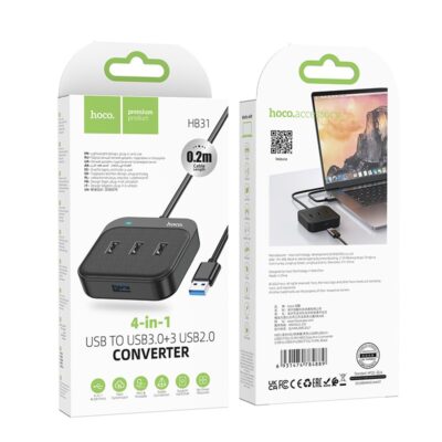 Juodas USB šakotuvas Hoco HB31 Easy 4-in-1 converter su USB3.0 ir 3 USB2.0 jungtimis 0.2 m kabeliu