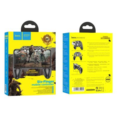 Juodas žaidimų valdymo pultelis Hoco GM7 Eagle Six Finger Game Controller ant geltonos pakuotės
