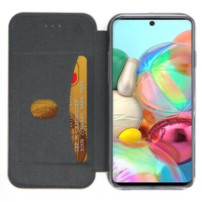 Juodos atverčiamas dėklas Samsung Galaxy A715 A71 su kortelių laikikliu atidarytas šone